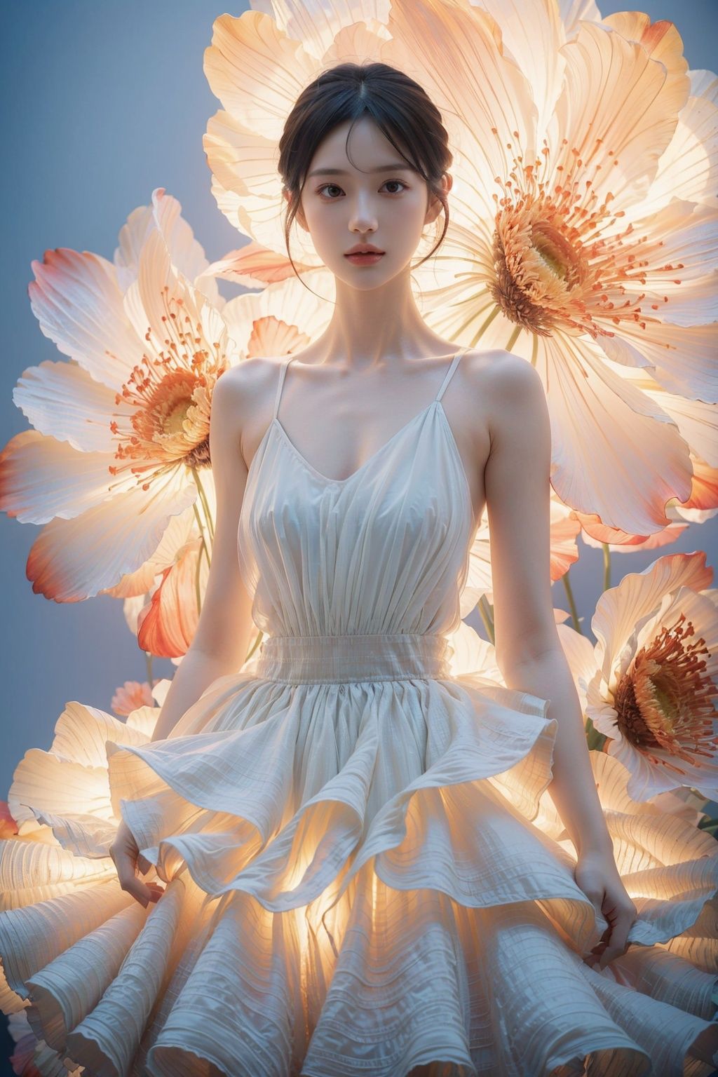  Soft light, （Upper body close-up：1.2）, masterpiece, 1 girl, luminous skirt, luminous skirt, white background, standing in front of french window, blue and orange lights, clear details, floating hair, delicate facial features, extremely beautiful face, Flowers, best quality, sparkling dress