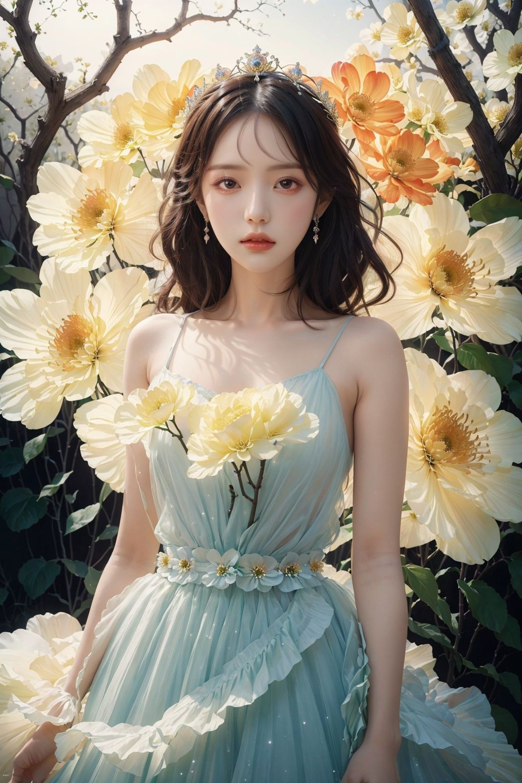 masterpiece, princess, Crown, Huge flowers, Flower, Flowers, Flowers, Flowers, anatomically correct, high details, best quality, HD, 16k,Only flowers,It's all flowers, sparkling dress,Dry branches, Flowers