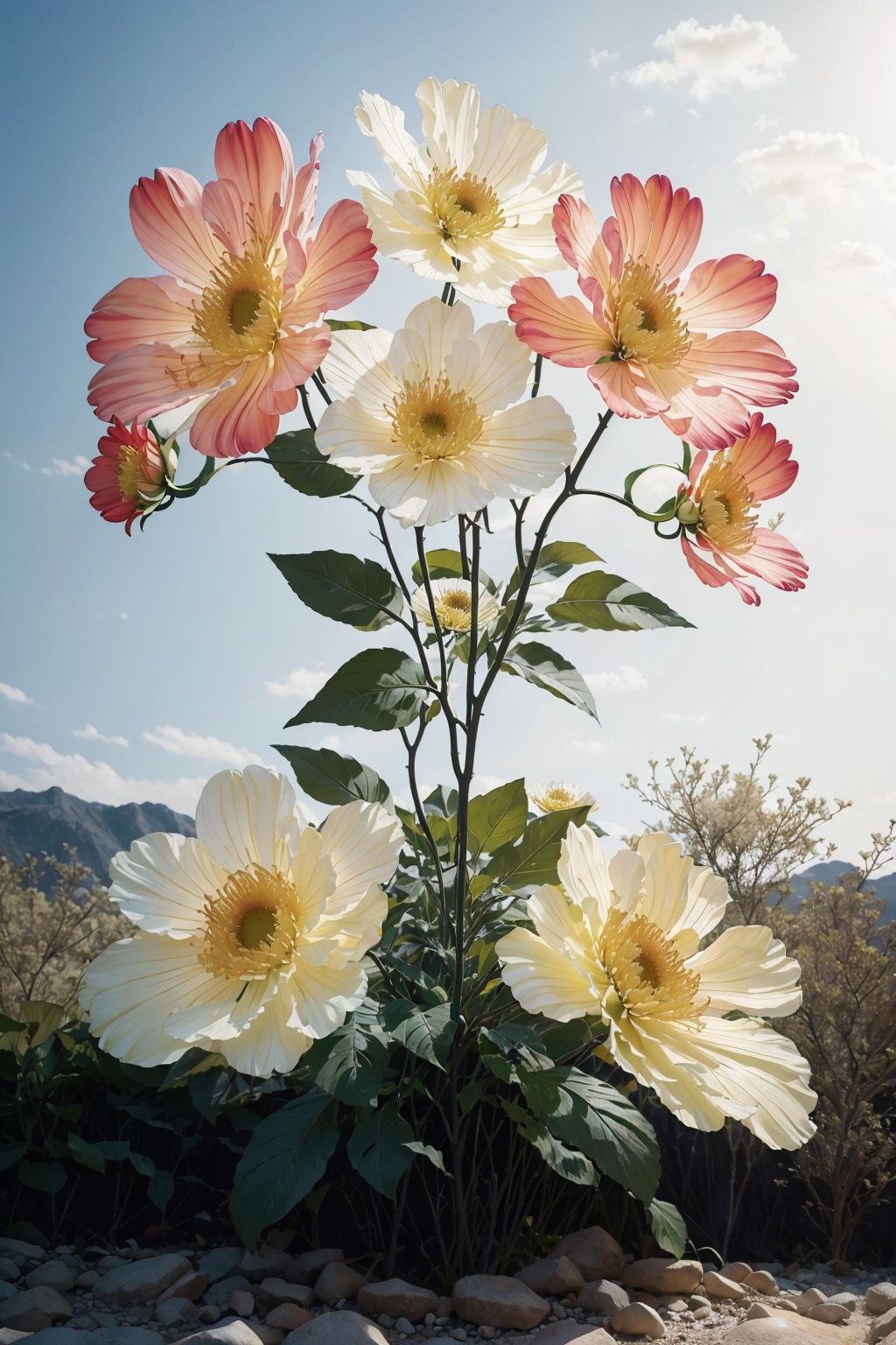 Huge flowers, Only flowers, It's all flowers, Dry branches, Flowers