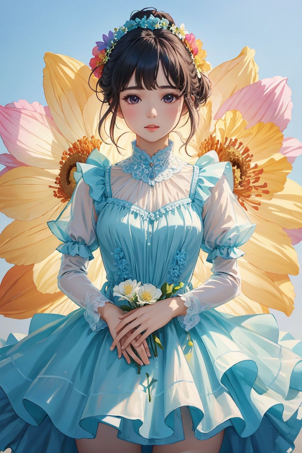  1girl, solo, flower, dress, UHD, high details, best quality, anatomically correct, 16k