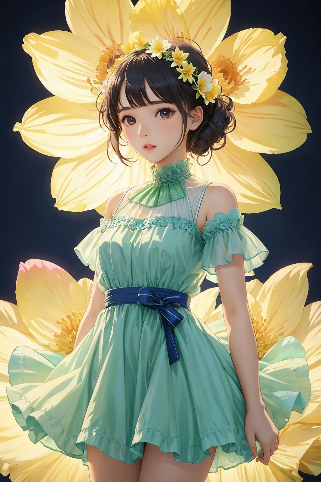  1girl, solo, flower, dress, UHD, high details, best quality, anatomically correct, 16k
