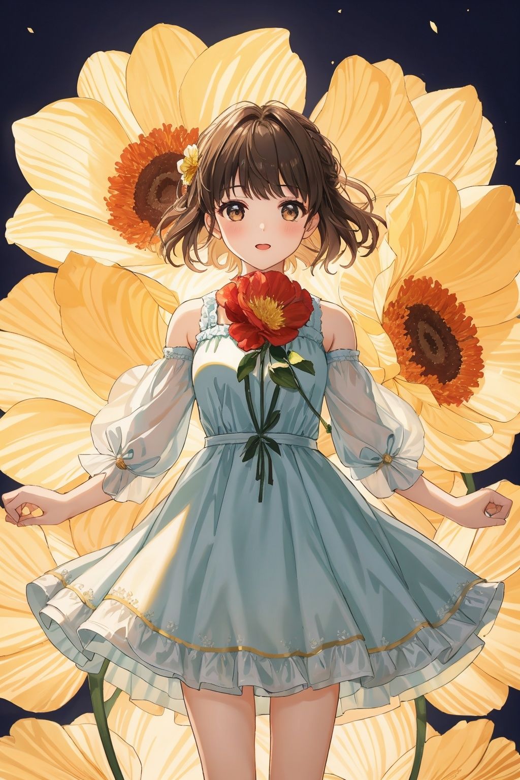  1girl, solo, flower, dress, UHD, high details, best quality, anatomically correct, 16k