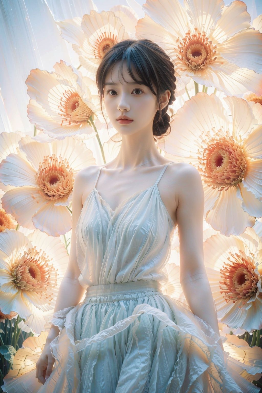 Soft light, （Upper body close-up：1.2）, masterpiece, 1 girl, luminous skirt, luminous skirt, white background, standing in front of french window, blue and orange lights, clear details, floating hair, delicate facial features, extremely beautiful face, Flowers, best quality