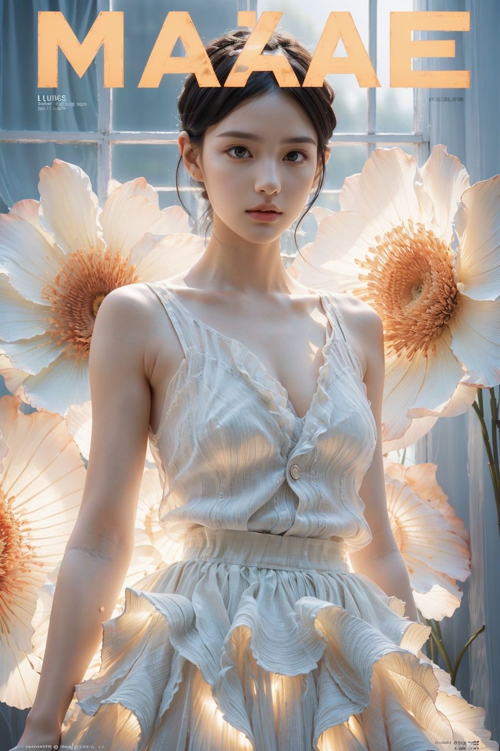 (Magazine cover: 1.3),Soft light, Upper body close-up, masterpiece, 1 girl, luminous skirt, luminous skirt, white background, standing in front of french window, blue and orange lights, clear details, floating hair, delicate facial features, extremely beautiful face, best quality, anatomically correct, textured skin, high quality, 16k