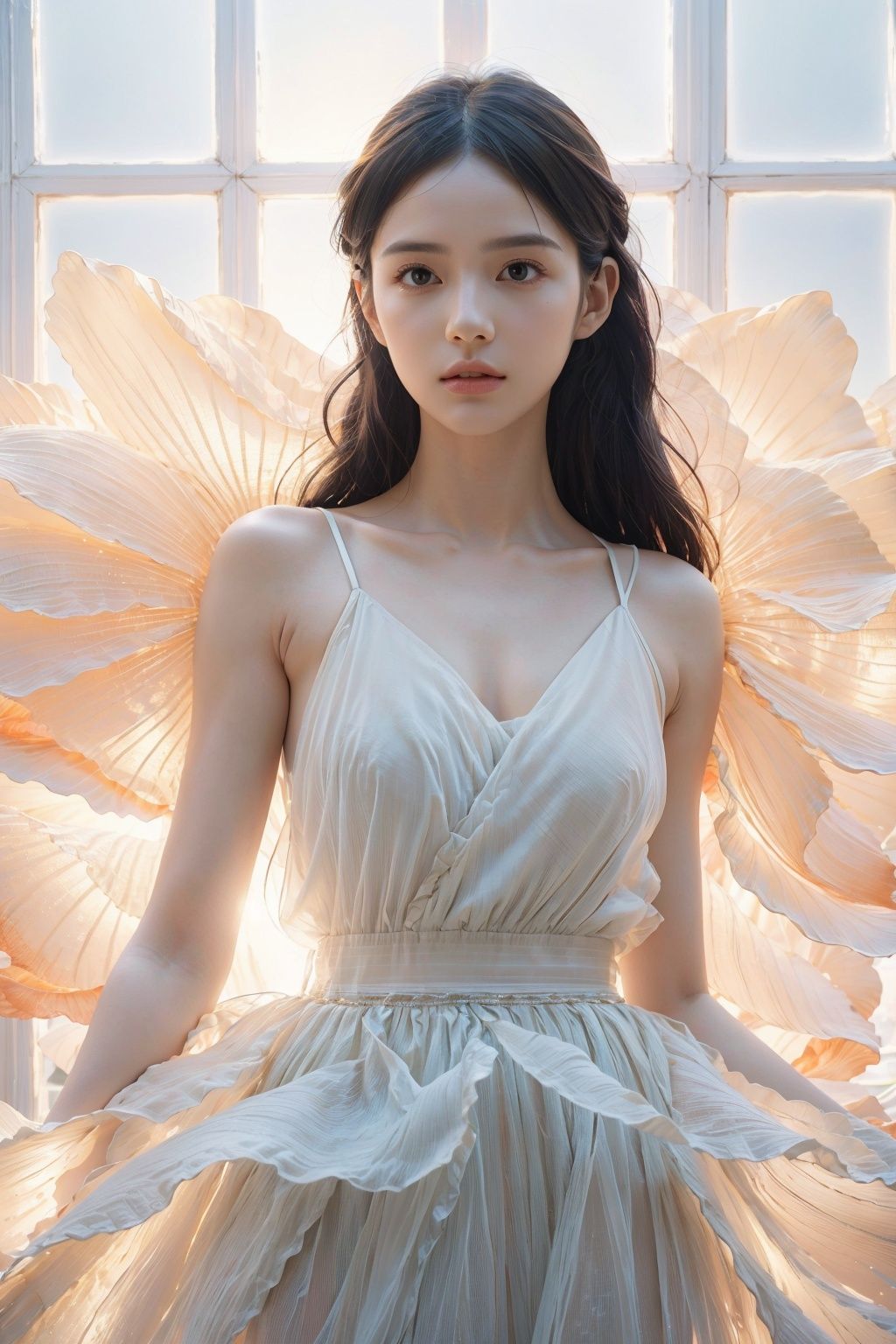  (Magazine cover: 1.3),Soft light, Upper body close-up, masterpiece, 1 girl, luminous skirt, luminous skirt, white background, standing in front of french window, blue and orange lights, clear details, floating hair, delicate facial features, extremely beautiful face, best quality, anatomically correct, textured skin, high quality, 16k