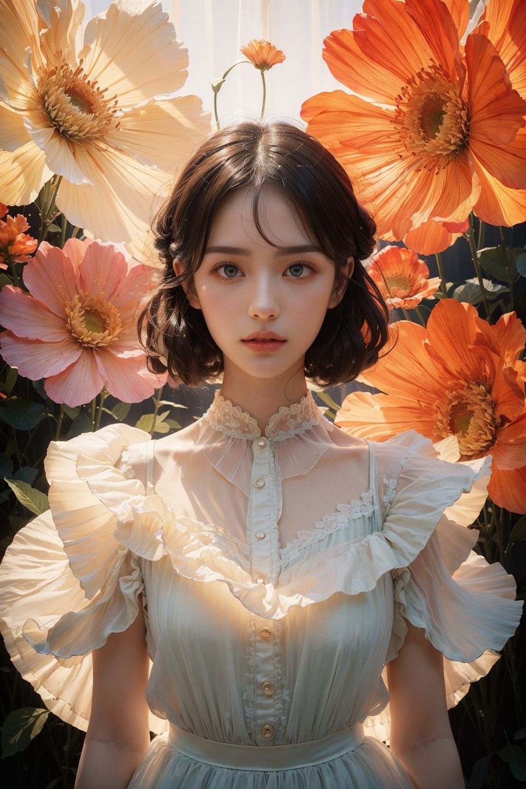  Soft light, （Upper body close-up：1.2）, Magazine cover,masterpiece, 1 girl, luminous skirt, luminous skirt, white background, standing in front of french window, blue and orange lights, clear details, floating hair, delicate facial features, extremely beautiful face, Flowers, best quality, sparkling dress