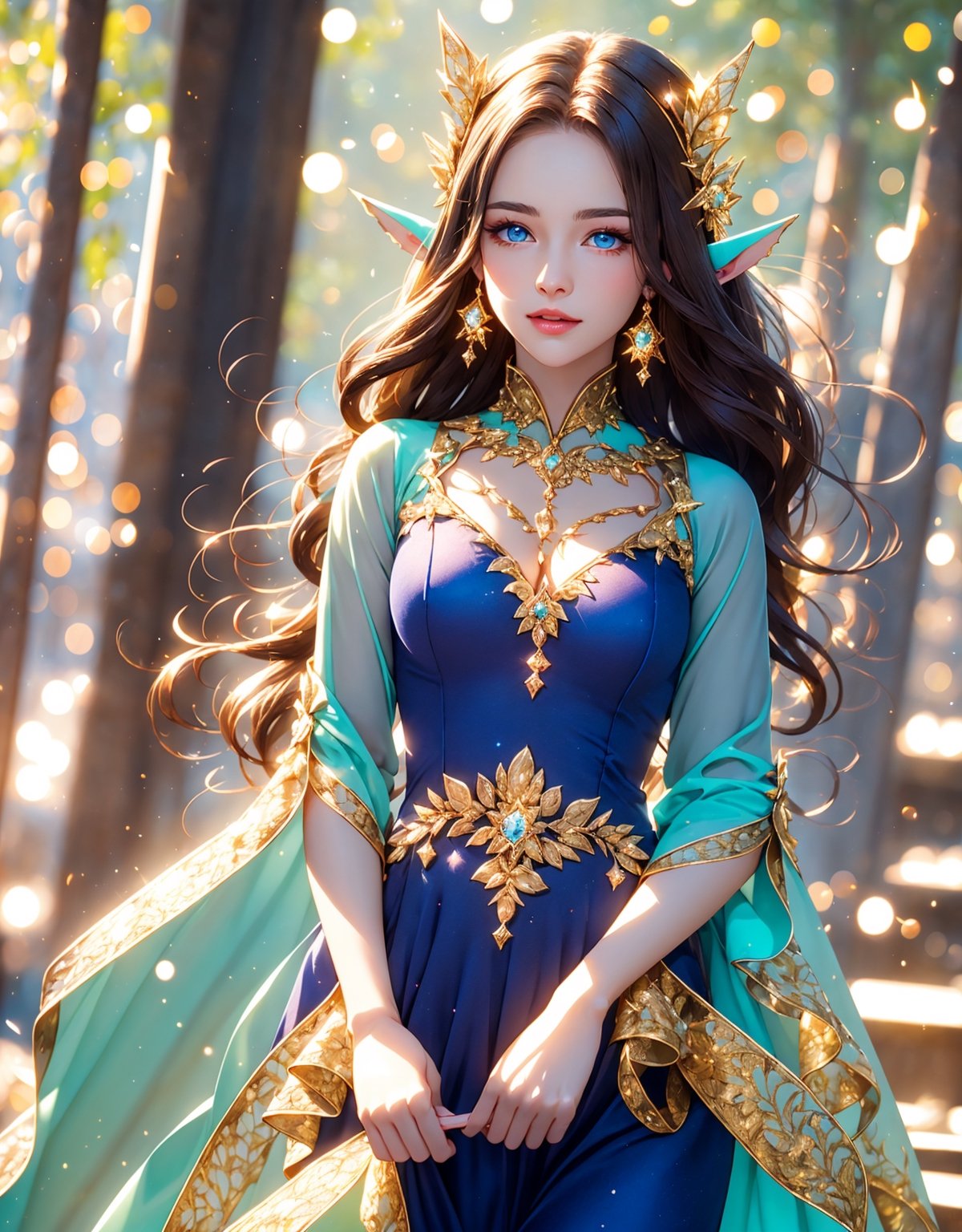 (((Masterpiece)))A beautiful young woman in her early 20's in a magical sylvan landscape. She is wearing an elegant silk r...
