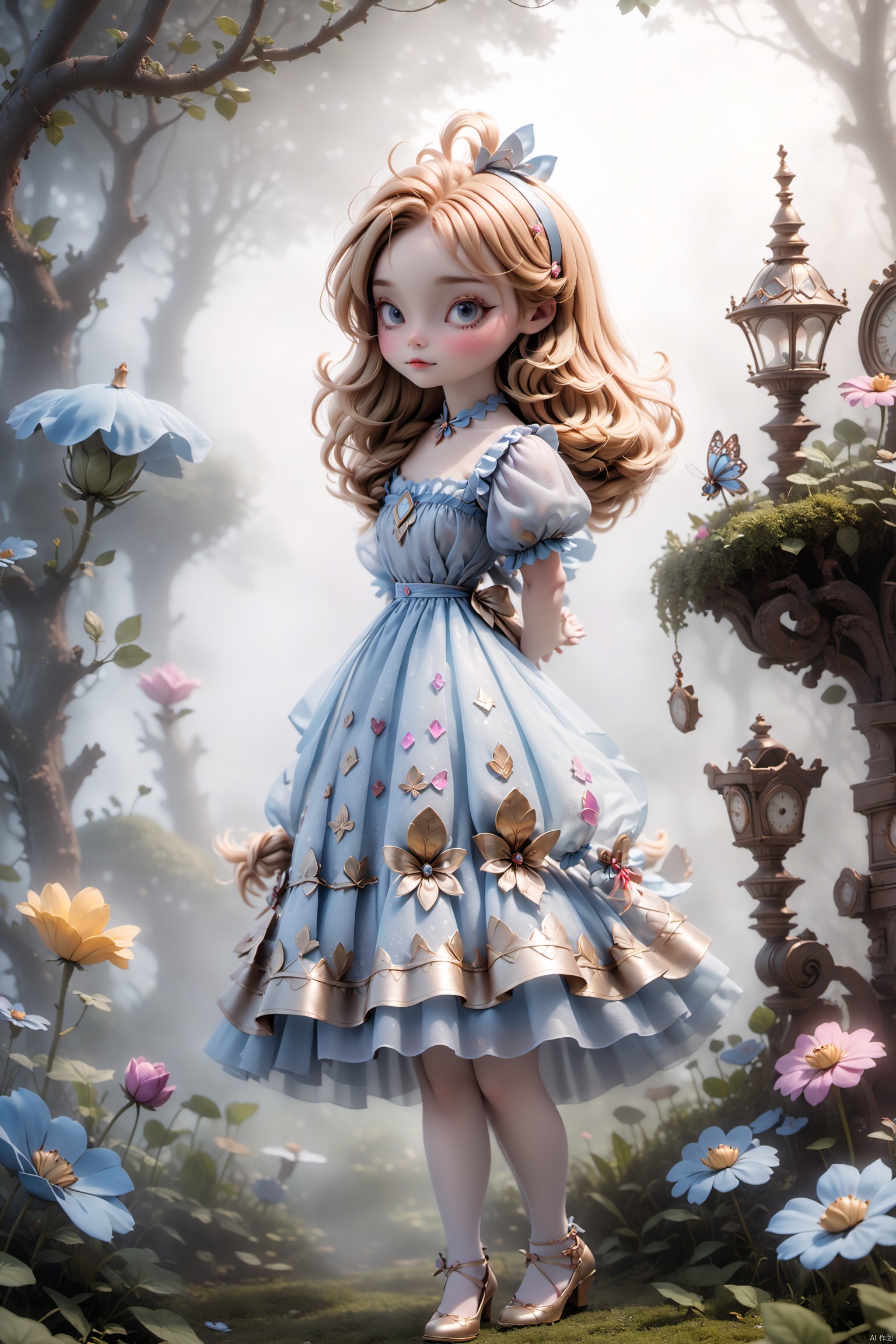  A masterpiece, 1 girl, cosplay, Alice (Alice in Wonderland), extremely detailed 8K wallpaper, best quality, ultra-detailed illustration, in a foggy garden, wearing a delicate and beautiful dress, depth of field effect, cinematic lighting, high saturation, best illumination and shadow, with detailed skin texture and radiance. The lovely Alice stands in the misty garden like a fairy tale character, her dress perfectly crafted with exquisite details, doll