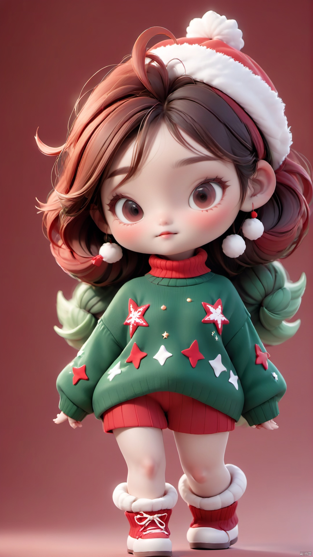  Asian illustration, a 20 year old female, Wearing a red and green Christmas jumper, white background, clay, Matte, soft light, glowwave, simple, 3d, blender, oc render, in by pop mart, blind box toy, hyper detail, c4d, 8k, uhd, monkren, 2.5D,chibi
