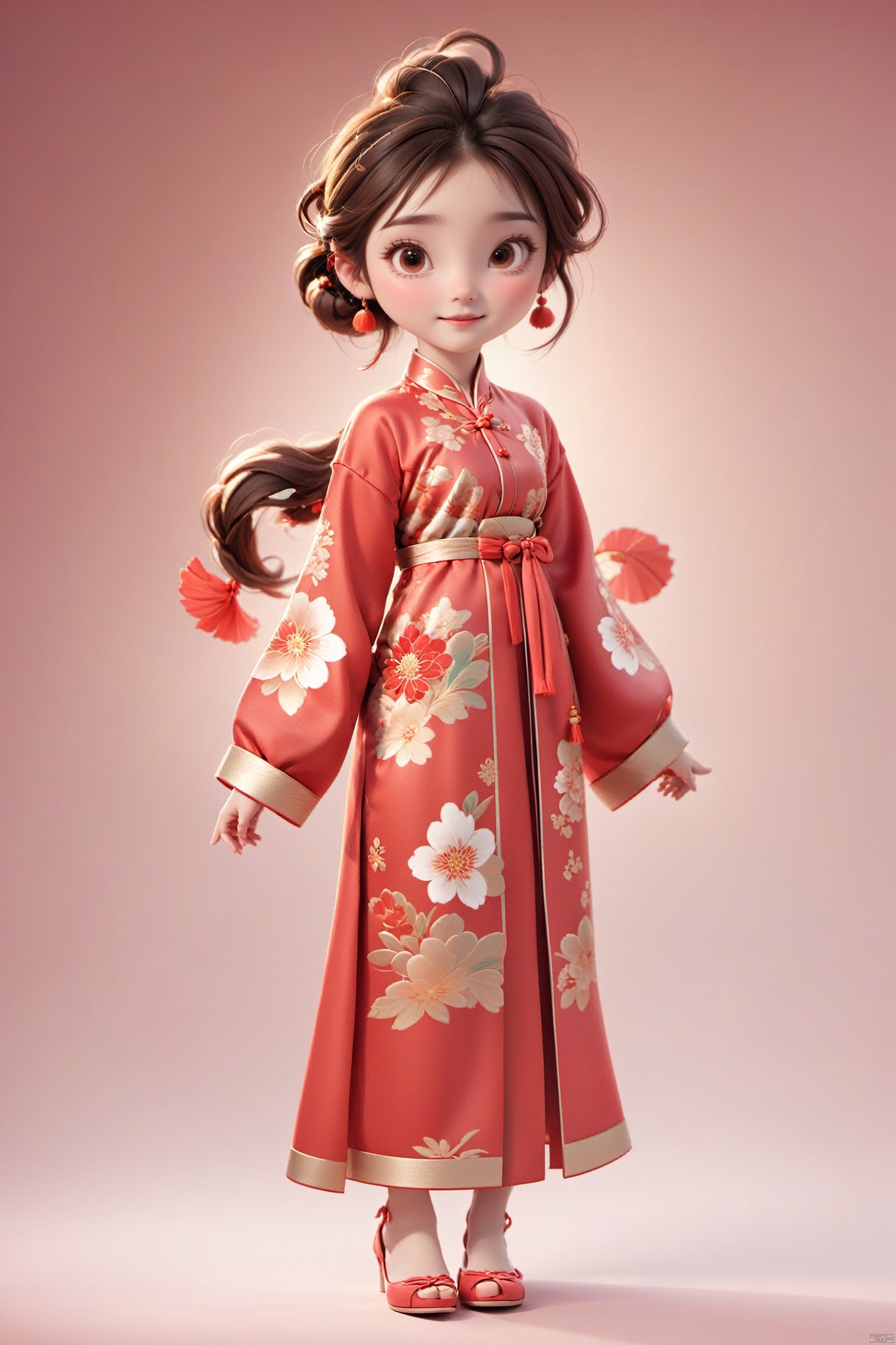  Girl, realistic 3d cartoon style rendering, 18 years old, (whole body :1.5), wearing New Year red Chinese Tang suit, fashionable clothing, New Year background, interactive film style, edge lighting, soft gradient, charming illustration, 3d rendering, OC rendering, best quality, 8K, Super detail, sunlight, realistic