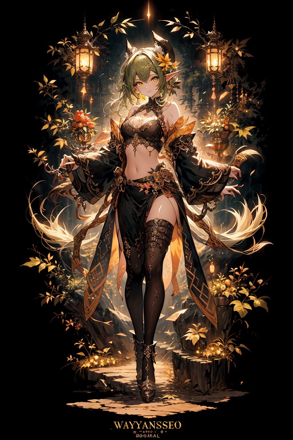  (masterpiece,top quality,best quality,official art,beautiful and aesthetic:1.2),(1elf),(full body:1.3),extreme detailed,(fractal art:1.3),colorful,break,highest detailed,Green,break,Brown,break,Yellow,break,Chest,Abdomen,Leaves swaying in the breeze,(whole body:1.5), WaHaa