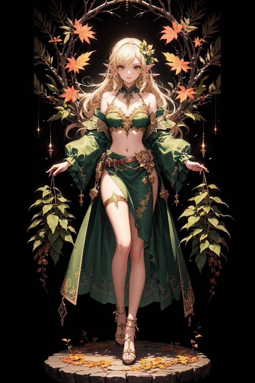  (masterpiece,top quality,best quality,official art,beautiful and aesthetic:1.2),(1elf),(full body:1.3),extreme detailed,(fractal art:1.3),colorful,break,highest detailed,Green,break,Brown,break,Yellow,break,Chest,Abdomen,Leaves swaying in the breeze,(whole body:1.5), WaHaa