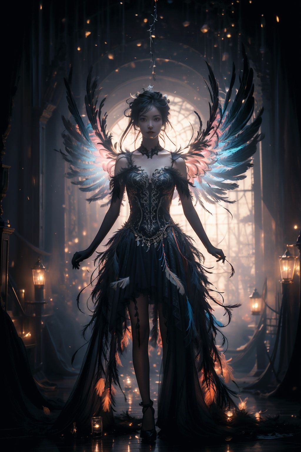   1  girl,  feather  dress,  magical  background,  feather  wings,  full  body,  silhouette  light,  halloween,  (cinematic  composition:1.3),  (depth  of  field:1.2),  (magic  atmosphere:1.1),  (spooky  props:1.0),  (bright  colors:0.9),  (contrasting  light  and  shadow:0.8),  (eerie  sounds:0.7),  (candlelight:0.6).