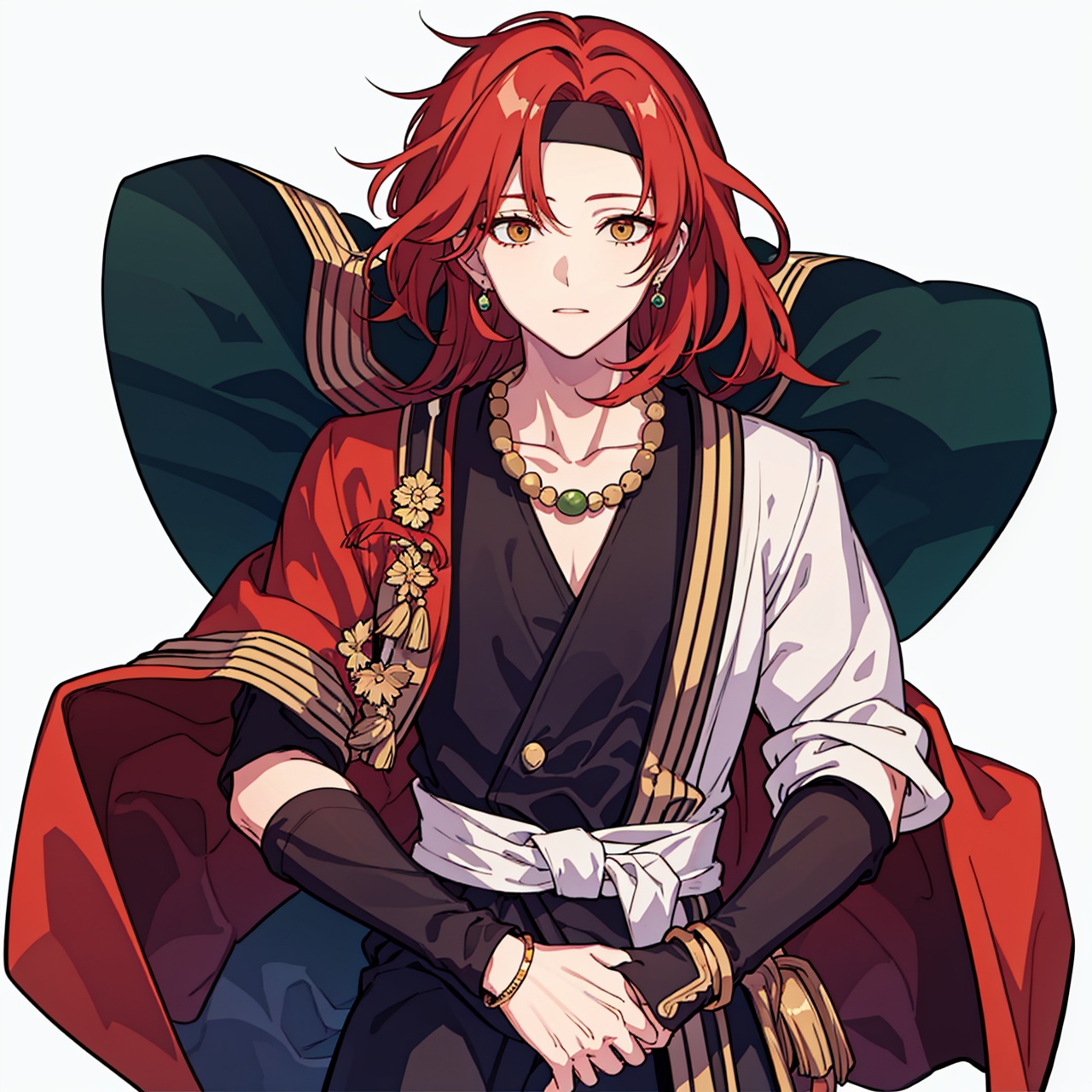  (masterpiece:1.3),(the best quality:1.2),(super fine illustrations:1.2),(Masterpiece),high quality,high detail,(white background:1.2),looking at viewer,(SOLO:1.4),outline,simplebackground,, jewelry,1boy,red hair,long hair,necklace,armor,messy hair,chinese clothes,circlet,hair ornament,bangs,boots,weapon,headband,earrings,pants,red shirt,