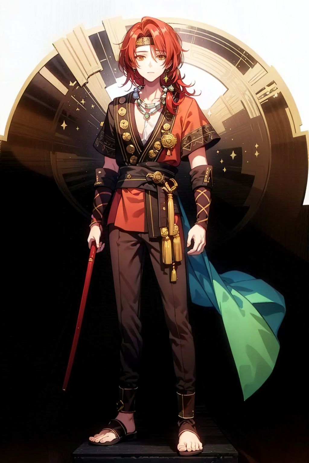 (masterpiece:1.3),(the best quality:1.2),(super fine illustrations:1.2),(Masterpiece),high quality,high detail,(white background:1.2),looking at viewer,(SOLO:1.4),outline,simplebackground,, jewelry,1boy,red hair,long hair,necklace,armor,messy hair,chinese clothes,circlet,hair ornament,bangs,boots,weapon,headband,earrings,pants,red shirt,