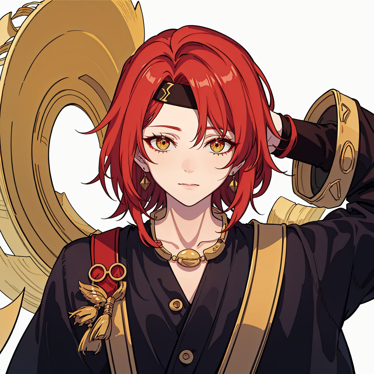  (masterpiece:1.3),(the best quality:1.2),(super fine illustrations:1.2),(Masterpiece),high quality,high detail,(white background:1.2),looking at viewer,(SOLO:1.4),outline,simplebackground,, jewelry,1boy,red hair,long hair,necklace,armor,messy hair,chinese clothes,circlet,hair ornament,bangs,boots,weapon,headband,earrings,pants,red shirt,