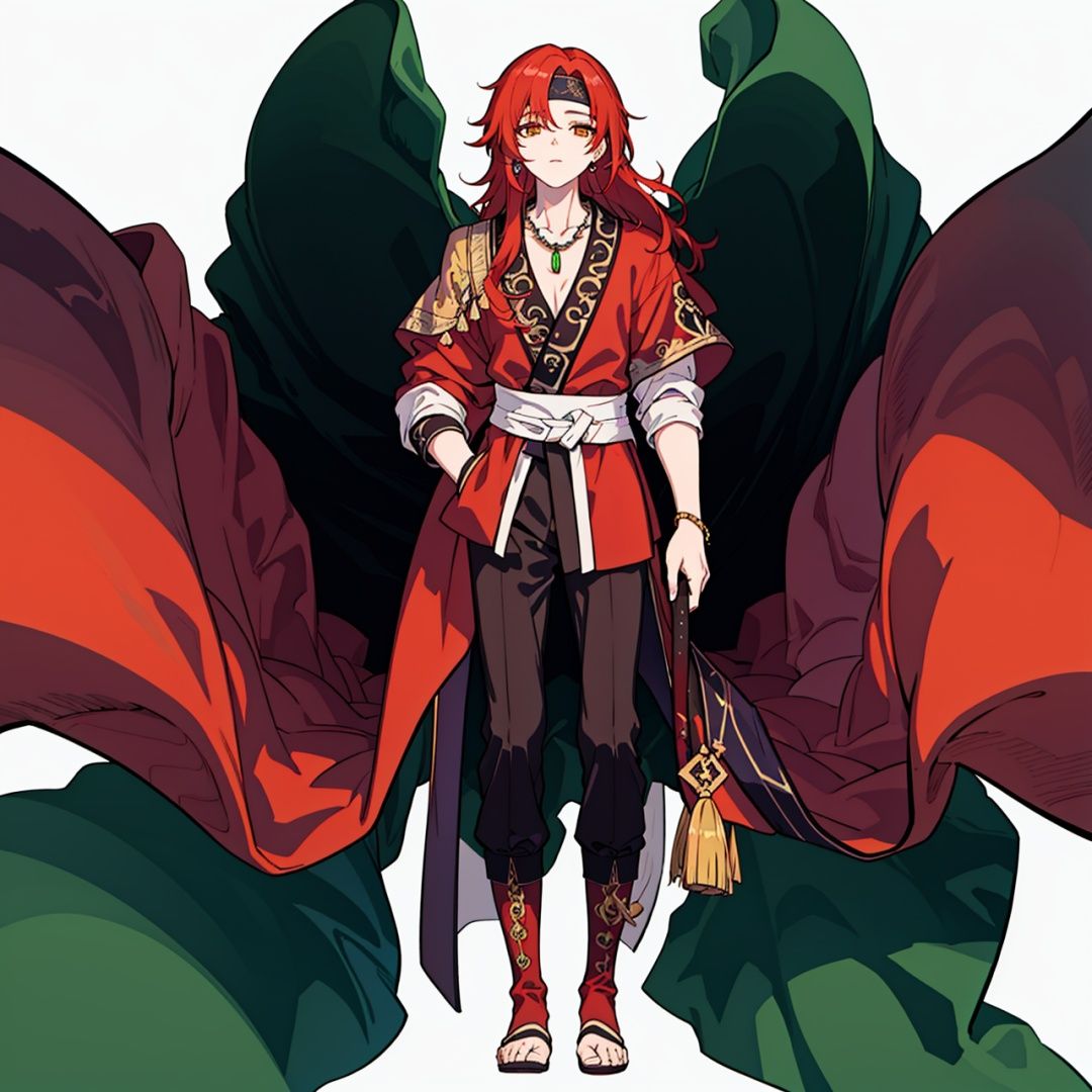 (masterpiece:1.3),(the best quality:1.2),(super fine illustrations:1.2),(Masterpiece),high quality,high detail,(white background:1.2),looking at viewer,(SOLO:1.4),outline,simplebackground,, jewelry,1boy,red hair,long hair,necklace,armor,messy hair,chinese clothes,circlet,hair ornament,bangs,boots,weapon,headband,earrings,pants,red shirt,