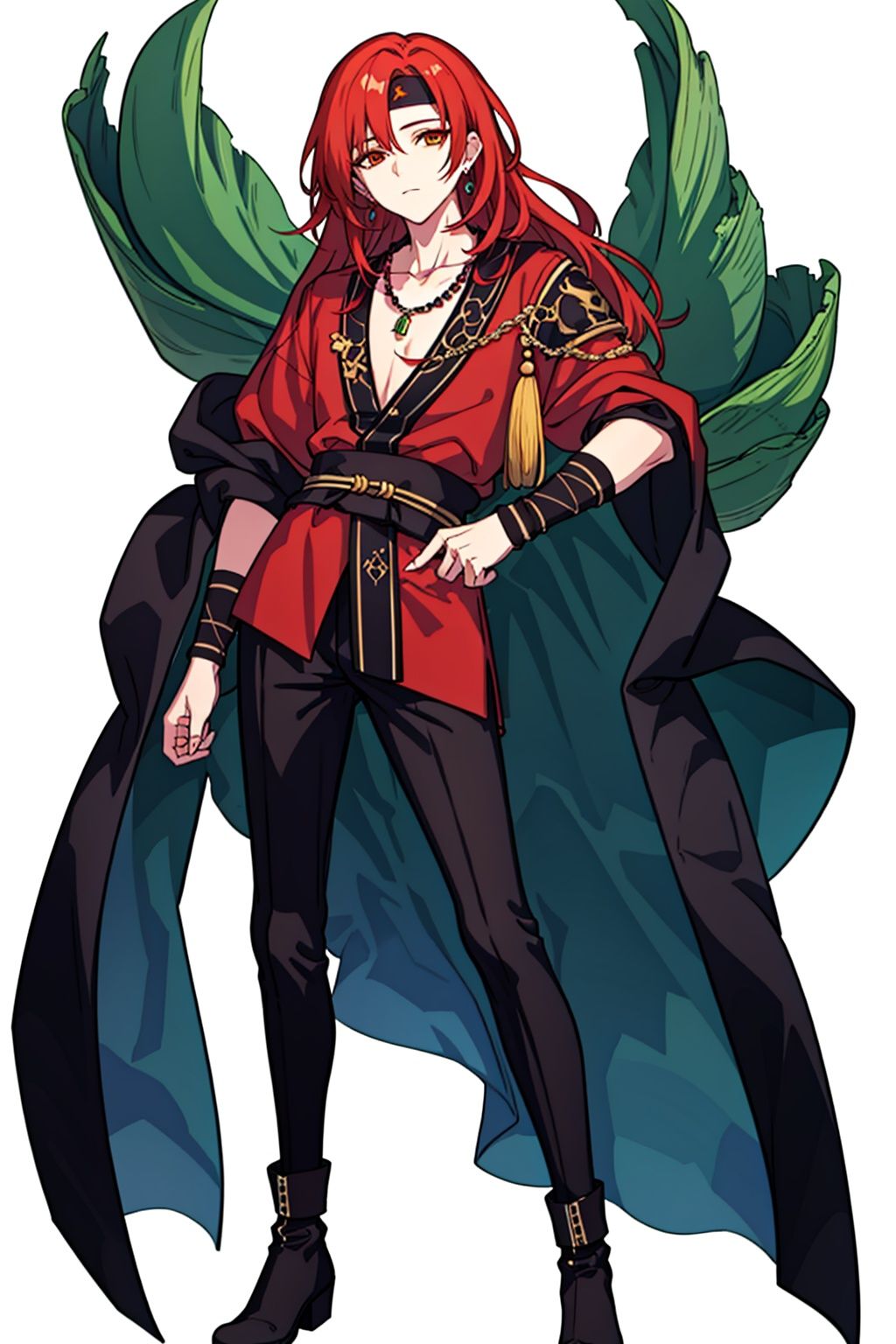 (masterpiece:1.3),(the best quality:1.2),(super fine illustrations:1.2),(Masterpiece),high quality,high detail,(white background:1.2),looking at viewer,(SOLO:1.4),outline,simplebackground,, jewelry,1boy,red hair,long hair,necklace,armor,messy hair,chinese clothes,circlet,hair ornament,bangs,boots,weapon,headband,earrings,pants,red shirt,