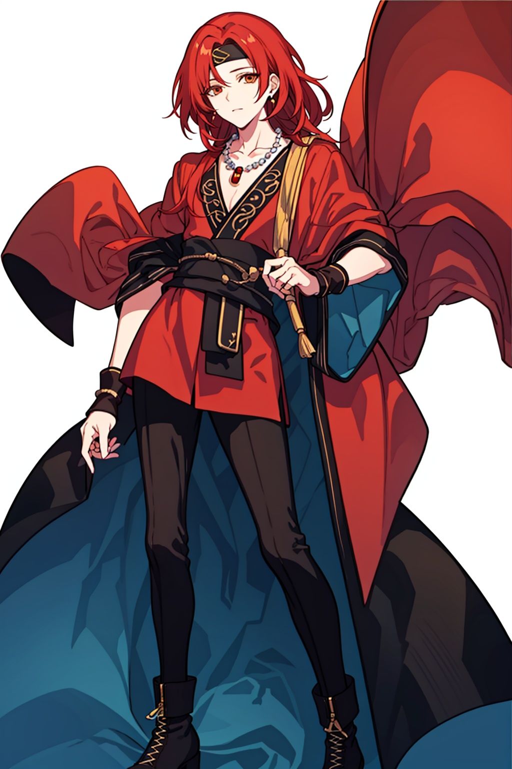 (masterpiece:1.3),(the best quality:1.2),(super fine illustrations:1.2),(Masterpiece),high quality,high detail,(white background:1.2),looking at viewer,(SOLO:1.4),outline,simplebackground,, jewelry,1boy,red hair,long hair,necklace,armor,messy hair,chinese clothes,circlet,hair ornament,bangs,boots,weapon,headband,earrings,pants,red shirt,