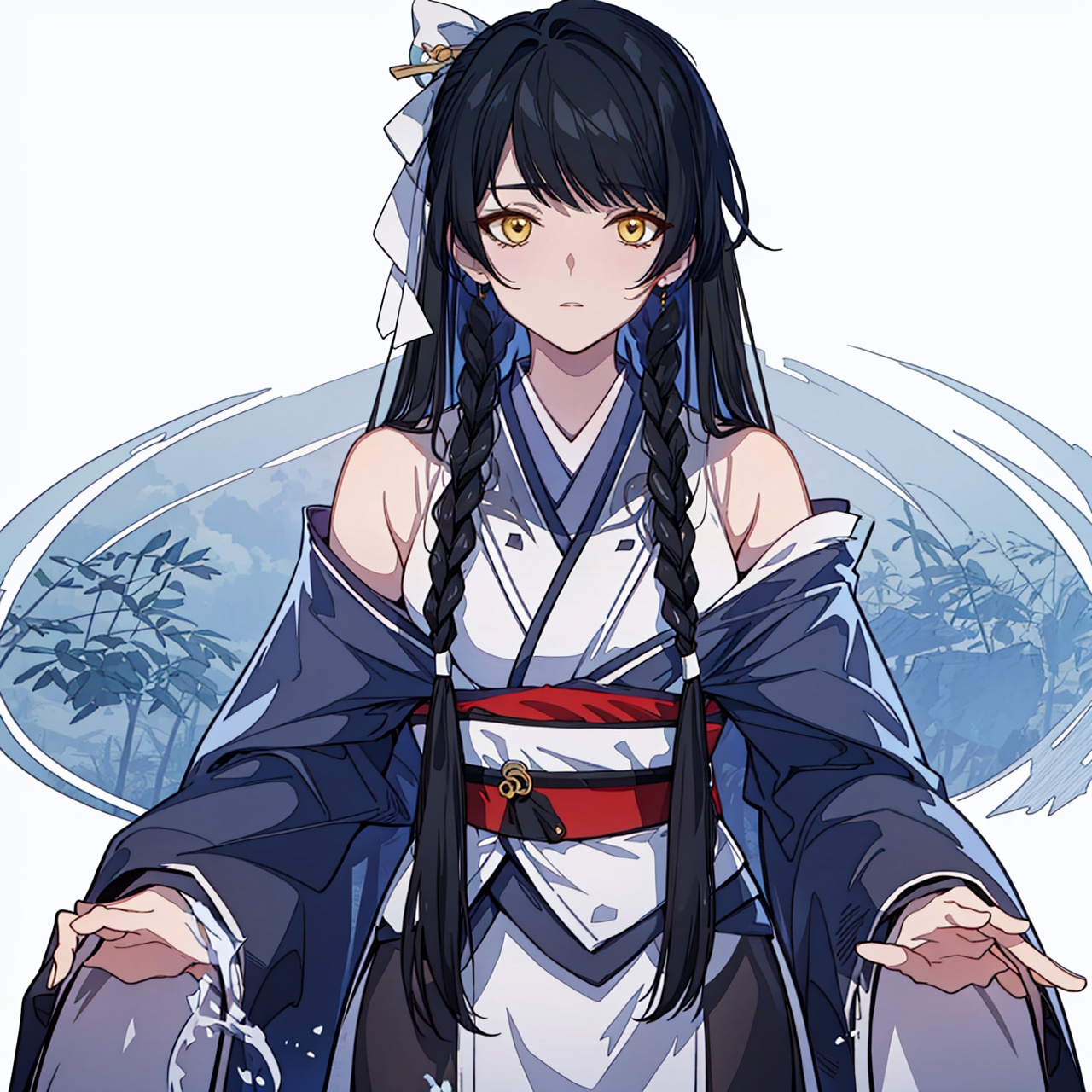  (masterpiece:1.3),(the best quality:1.2),(super fine illustrations:1.2),(Masterpiece),high quality,high detail,(white background:1.2),looking at viewer,(SOLO:1.4),outline,simplebackground,, braid,detached sleeves,white ribbon,skirt around one leg,hair ornament,long sleeves,single braid,braided ponytail,hair over shoulder,necktie,hair bow,off shoulder,bare shoulders,sleeveless,sword,very long hair,kimono,sash,bangs,chinese clothes,japanese clothes,long hair,black hair,