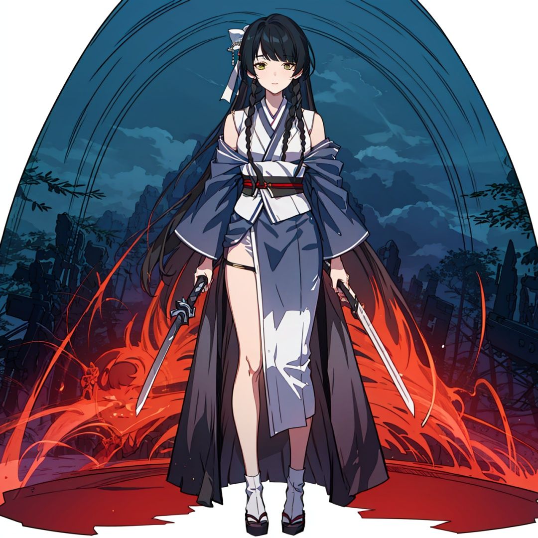 (masterpiece:1.3),(the best quality:1.2),(super fine illustrations:1.2),(Masterpiece),high quality,high detail,(white background:1.2),looking at viewer,(SOLO:1.4),outline,simplebackground,, braid,detached sleeves,white ribbon,skirt around one leg,hair ornament,long sleeves,single braid,braided ponytail,hair over shoulder,necktie,hair bow,off shoulder,bare shoulders,sleeveless,sword,very long hair,kimono,sash,bangs,chinese clothes,japanese clothes,long hair,black hair,