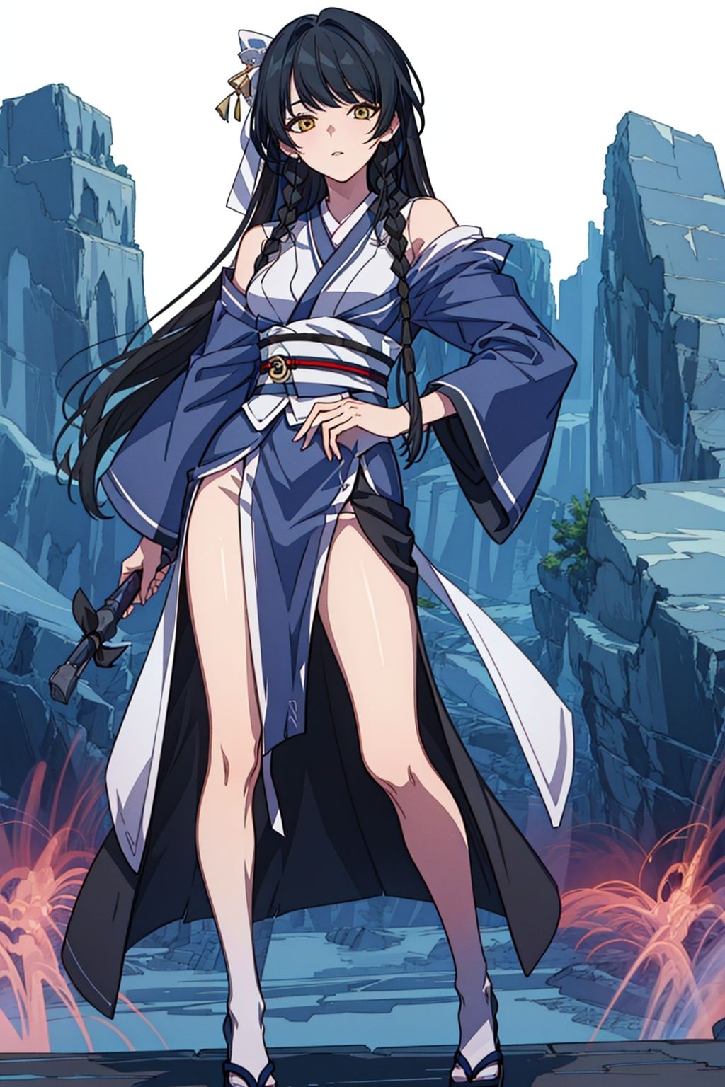(masterpiece:1.3),(the best quality:1.2),(super fine illustrations:1.2),(Masterpiece),high quality,high detail,(white background:1.2),looking at viewer,(SOLO:1.4),outline,simplebackground,, braid,detached sleeves,white ribbon,skirt around one leg,hair ornament,long sleeves,single braid,braided ponytail,hair over shoulder,necktie,hair bow,off shoulder,bare shoulders,sleeveless,sword,very long hair,kimono,sash,bangs,chinese clothes,japanese clothes,long hair,black hair,