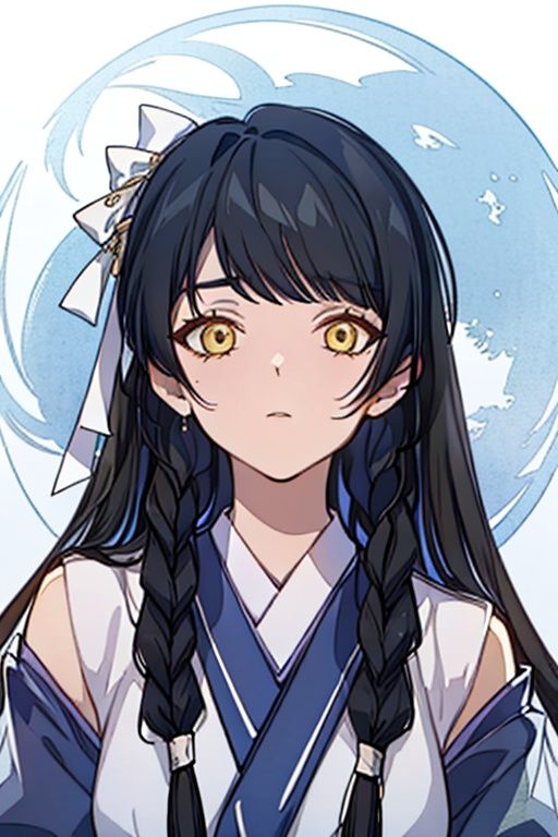 (masterpiece:1.3),(the best quality:1.2),(super fine illustrations:1.2),(Masterpiece),high quality,high detail,(white background:1.2),looking at viewer,(SOLO:1.4),outline,simple background,<lora:林朝雨幻象:0.8>, braid,detached sleeves,white ribbon,skirt around one leg,hair ornament,long sleeves,single braid,braided ponytail,hair over shoulder,necktie,hair bow,off shoulder,bare shoulders,sleeveless,sword,very long hair,kimono,sash,bangs,chinese clothes,japanese clothes,long hair,black hair,