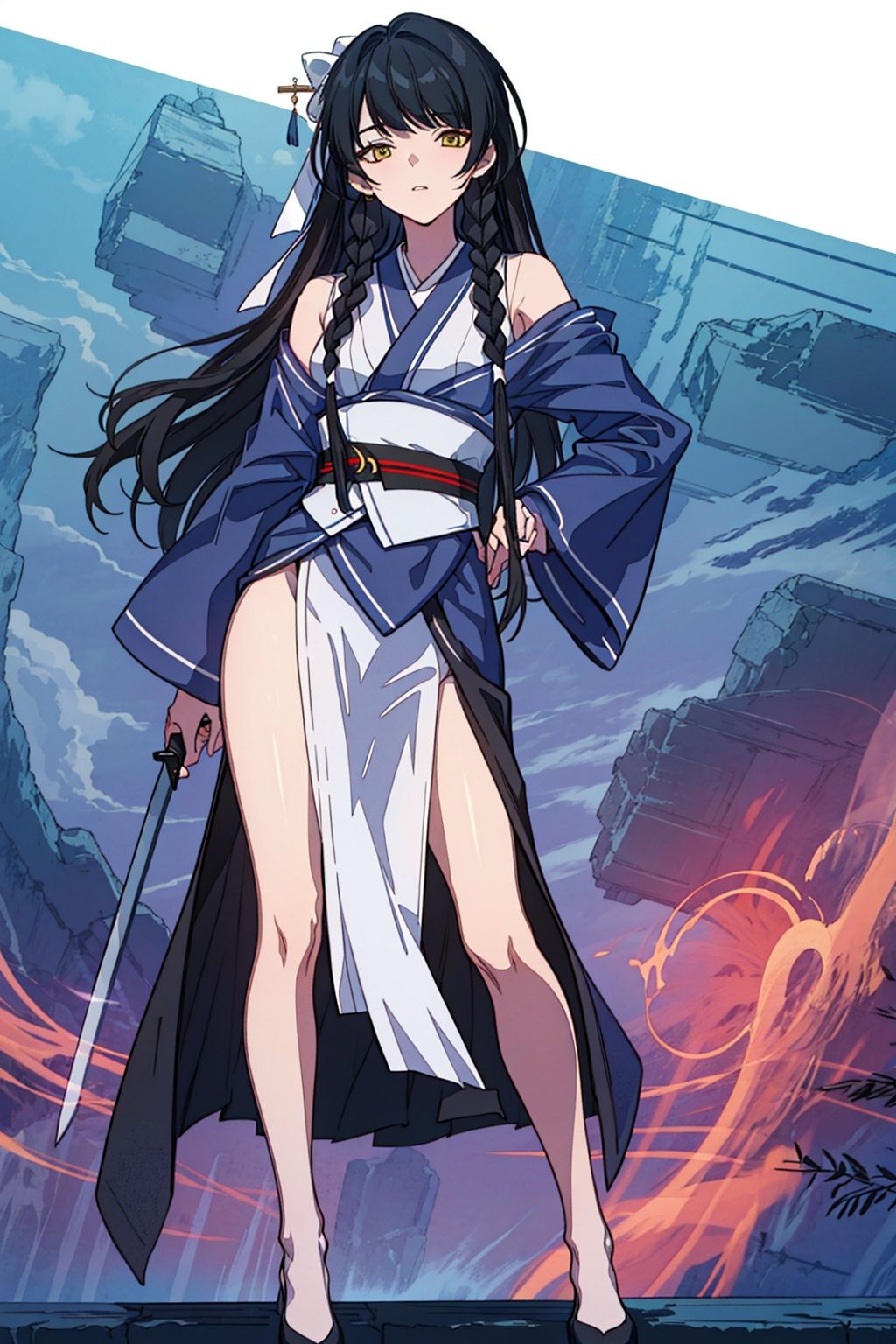 (masterpiece:1.3),(the best quality:1.2),(super fine illustrations:1.2),(Masterpiece),high quality,high detail,(white background:1.2),looking at viewer,(SOLO:1.4),outline,simplebackground,, braid,detached sleeves,white ribbon,skirt around one leg,hair ornament,long sleeves,single braid,braided ponytail,hair over shoulder,necktie,hair bow,off shoulder,bare shoulders,sleeveless,sword,very long hair,kimono,sash,bangs,chinese clothes,japanese clothes,long hair,black hair,