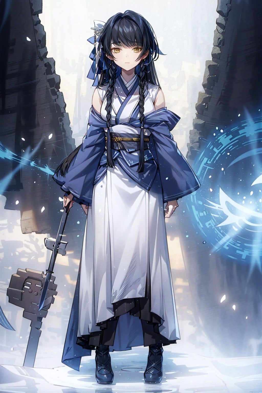 (masterpiece:1.3),(the best quality:1.2),(super fine illustrations:1.2),(Masterpiece),high quality,high detail,(white background:1.2),looking at viewer,(SOLO:1.4),outline,simplebackground,, braid,detached sleeves,white ribbon,skirt around one leg,hair ornament,long sleeves,single braid,braided ponytail,hair over shoulder,necktie,hair bow,off shoulder,bare shoulders,sleeveless,sword,very long hair,kimono,sash,bangs,chinese clothes,japanese clothes,long hair,black hair,