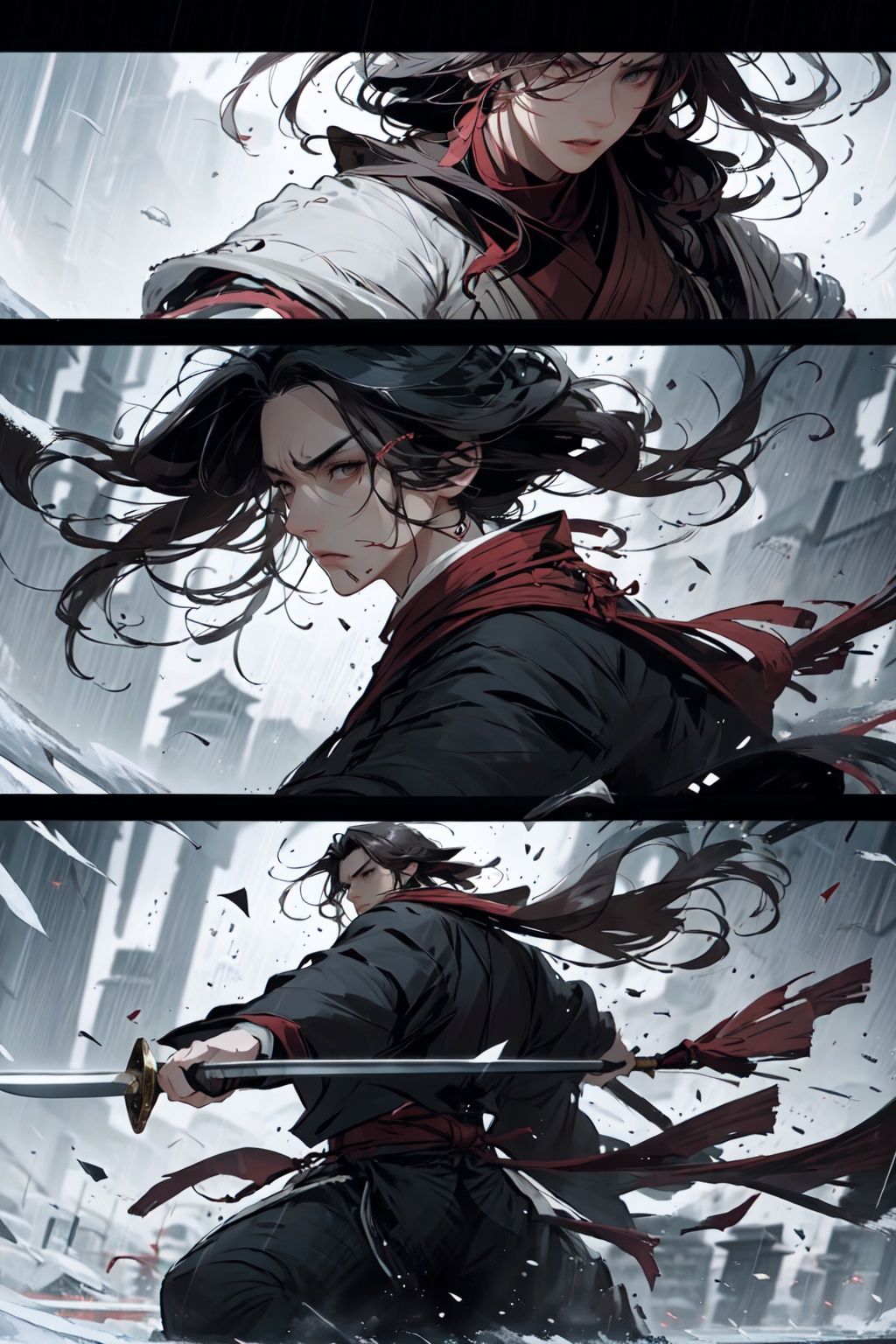  medium close shot, ancient Chinese Wuxia,
handsome young man and fair lady fusion, detailed character portrayal, fine face, ancient style,Two people were fighting with swords. A handsome man dressed in black, dressed as a swordsman, and a beautiful woman in red stretched out her sword, dressed in a white dress, full of threat and anger. The background was heavy snow and Chinesearchitecture,The character portrayal is meticulous,the face is exquisite, strong contrast, lifelike,extremely meticulous, cinematic