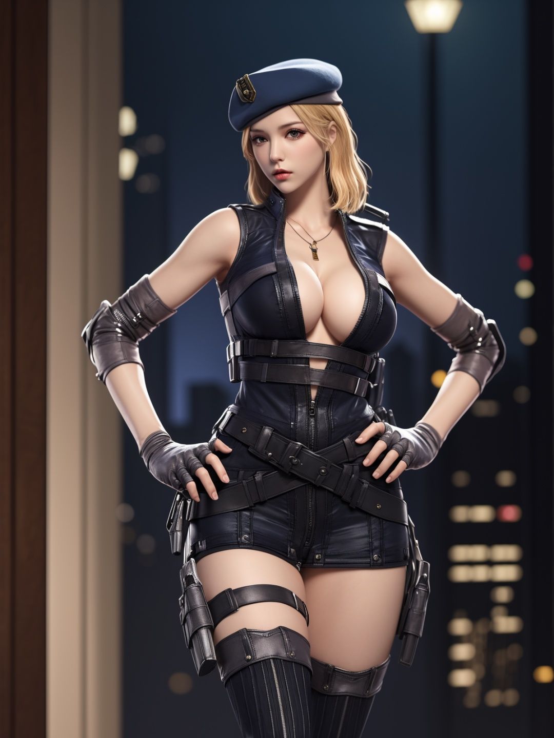<lora:CFshenpanzheBW:0.75>,CFshenpanzheBW, 1girl, solo, breasts, gloves, thighhighs, cleavage, blonde hair, beret,hand on hip, shorts, elbow pads, thigh strap, lips, thigh holster,striped, belt,necklace, cityscape, night, looking at viewer, mature female, 