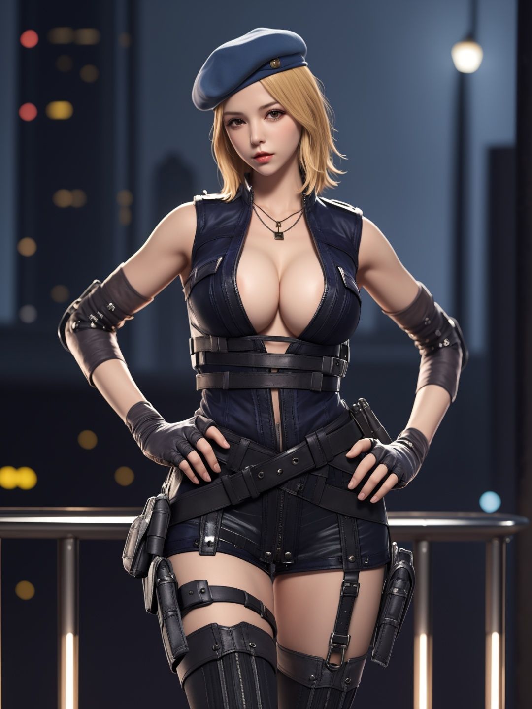 <lora:CFshenpanzheBW:0.75>,CFshenpanzheBW, 1girl, solo, breasts, gloves, thighhighs, cleavage, blonde hair, beret,hand on hip, shorts, elbow pads, thigh strap, lips, thigh holster,striped, belt,necklace, cityscape, night, looking at viewer, mature female, 