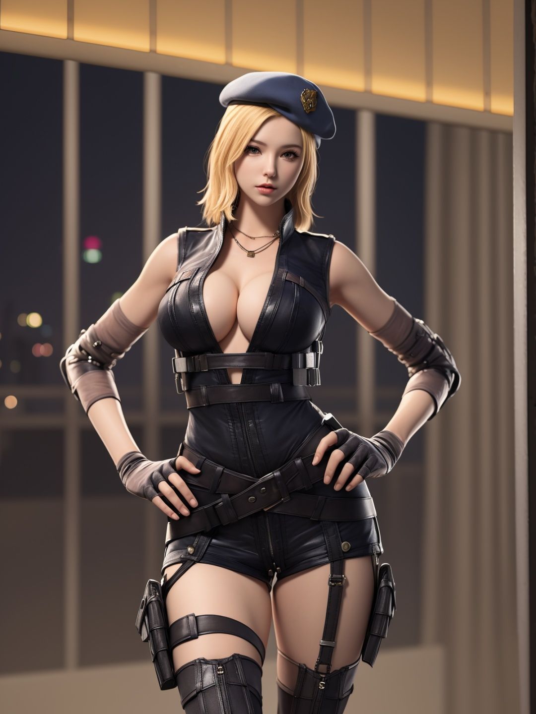 <lora:CFshenpanzheBW:0.75>,CFshenpanzheBW, 1girl, solo, breasts, gloves, thighhighs, cleavage, blonde hair, beret,hand on hip, shorts, elbow pads, thigh strap, lips, thigh holster,striped, belt,necklace, cityscape, night, looking at viewer, mature female, 