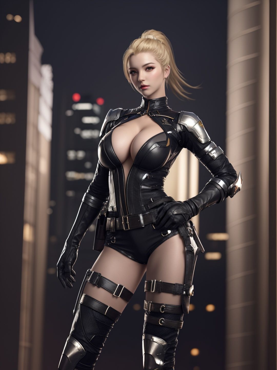 <lora:CFshenpanzheLHWZ:0.75>,CFshenpanzheLHWZ, 1girl, solo,blonde hair, breasts, boots, cleavage, thigh strap, shorts, gloves,thigh holster, ponytail, thighhighs, armor, lips, belt,  mature female, cityscape, night, looking at viewer, hand on hip, leather, 