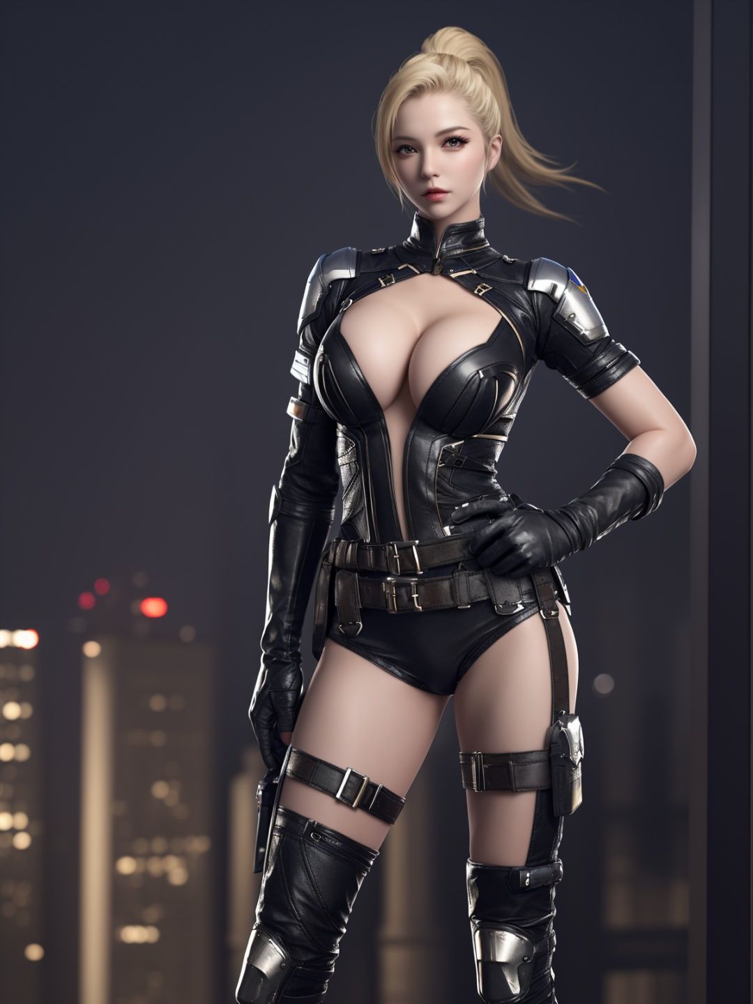 <lora:CFshenpanzheLHWZ:0.75>,CFshenpanzheLHWZ, 1girl, solo,blonde hair, breasts, boots, cleavage, thigh strap, shorts, gloves,thigh holster, ponytail, thighhighs, armor, lips, belt,  mature female, cityscape, night, looking at viewer, hand on hip, leather, 