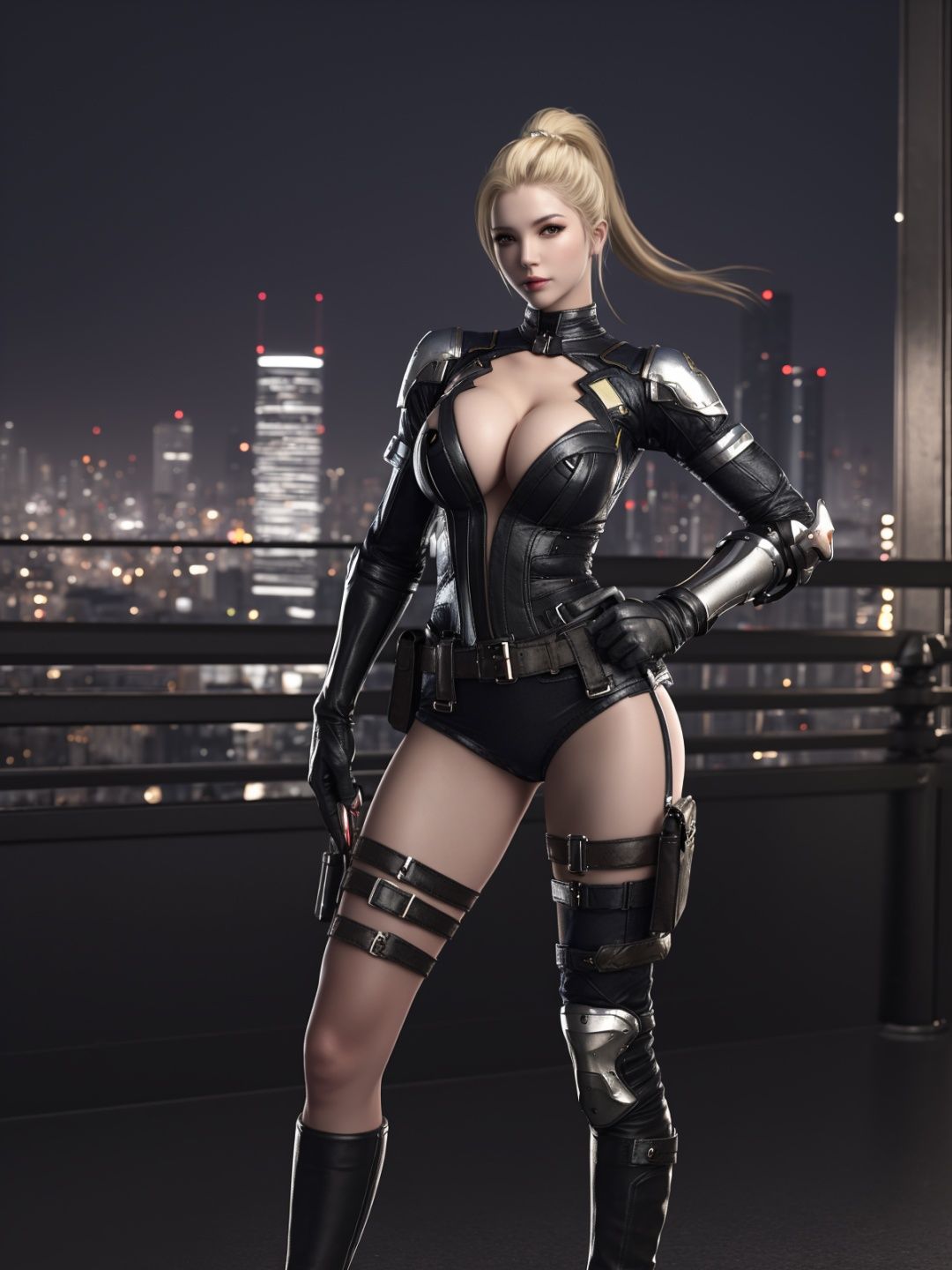 <lora:CFshenpanzheLHWZ:0.75>,CFshenpanzheLHWZ, 1girl, solo,blonde hair, breasts, boots, cleavage, thigh strap, shorts, gloves,thigh holster, ponytail, thighhighs, armor, lips, belt,  mature female, cityscape, night, looking at viewer, hand on hip, leather, 