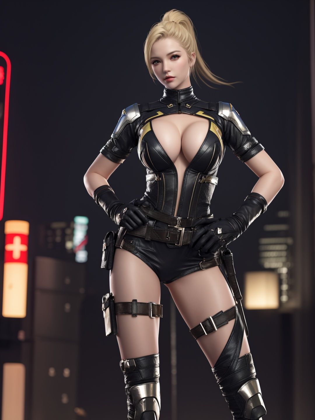 <lora:CFshenpanzheLHWZ:0.75>,CFshenpanzheLHWZ, 1girl, solo,blonde hair, breasts, boots, cleavage, thigh strap, shorts, gloves,thigh holster, ponytail, thighhighs, armor, lips, belt,  mature female, cityscape, night, looking at viewer, hand on hip, leather, 