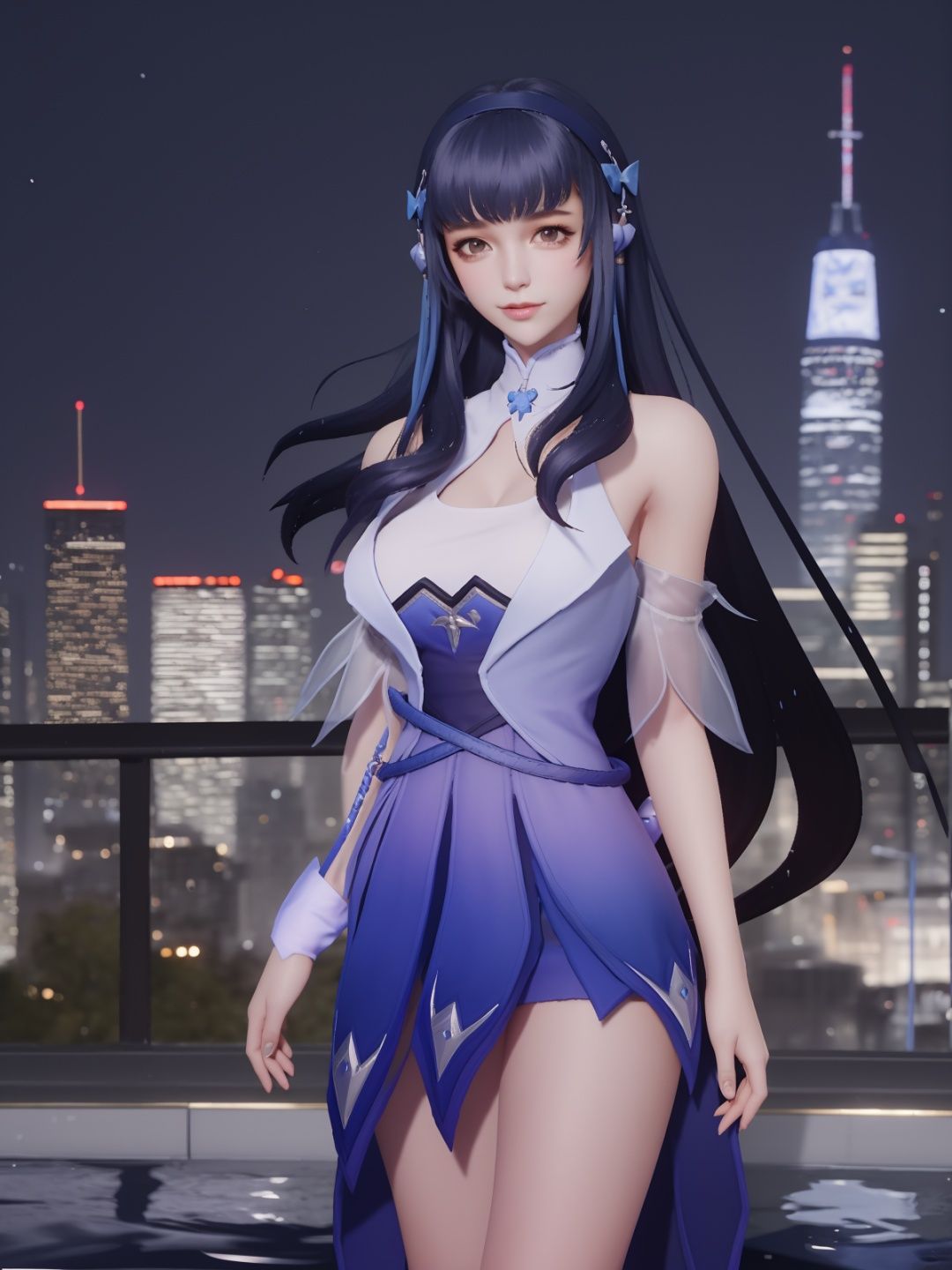<lora:WZRYxishiYP:0.75>,WZRYxishiYP, 1girl, solo, long hair,dress, bare shoulders, standing, bangs,hairband, headgear,elbow pads,sash, belt,clothing cutout, cityscape, night, looking at viewer, mature female,  light smile, pool,wet,gloves, 