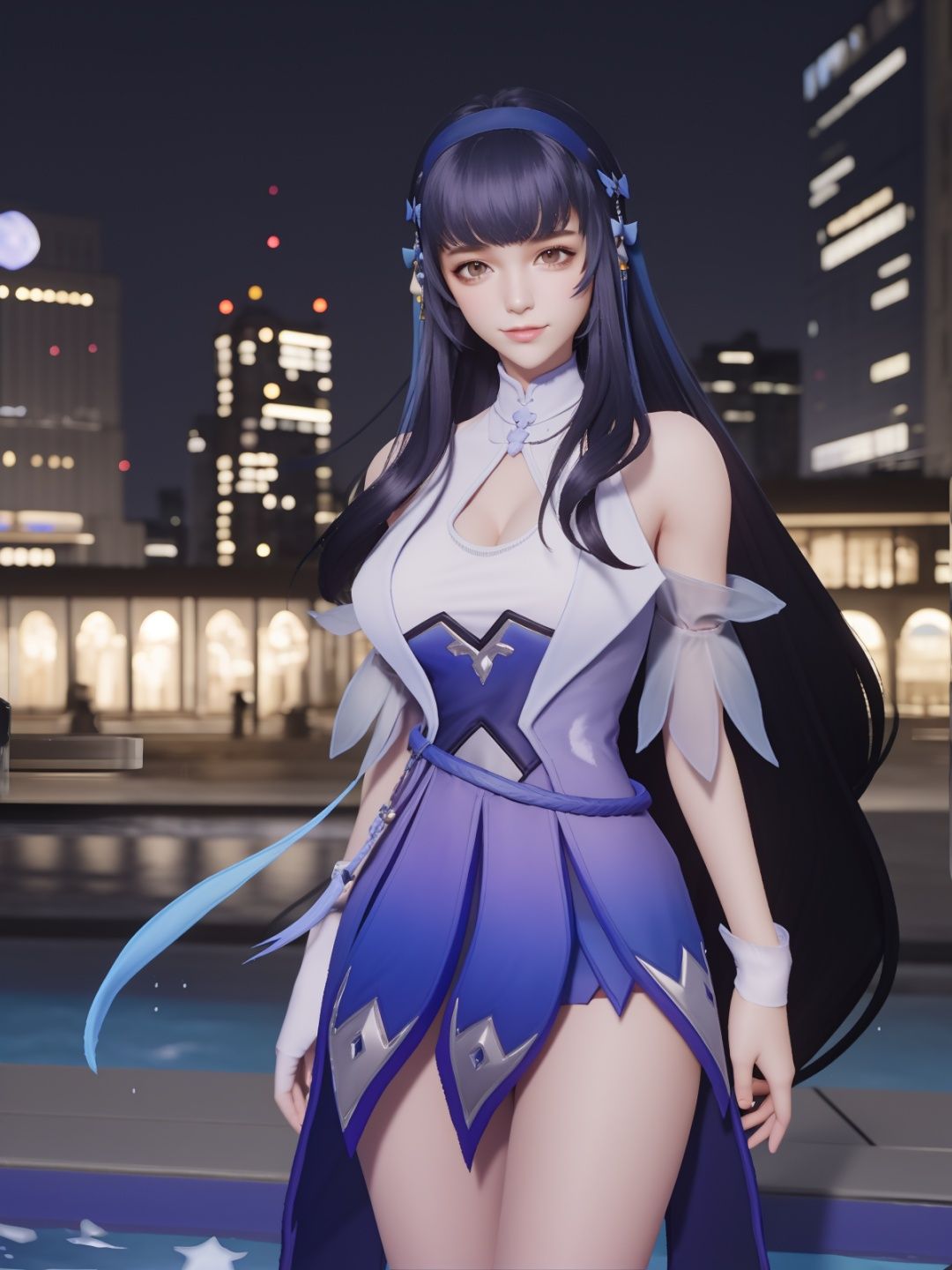 <lora:WZRYxishiYP:0.75>,WZRYxishiYP, 1girl, solo, long hair,dress, bare shoulders, standing, bangs,hairband, headgear,elbow pads,sash, belt,clothing cutout, cityscape, night, looking at viewer, mature female,  light smile, pool,wet,gloves, 