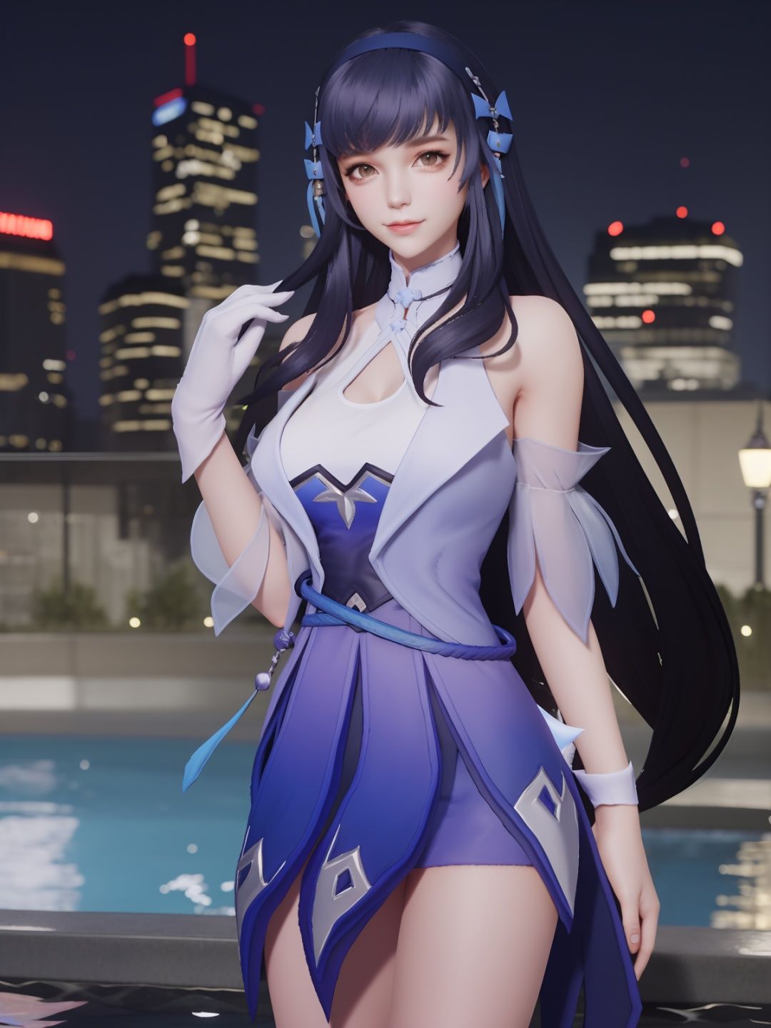<lora:WZRYxishiYP:0.75>,WZRYxishiYP, 1girl, solo, long hair,dress, bare shoulders, standing, bangs,hairband, headgear,elbow pads,sash, belt,clothing cutout, cityscape, night, looking at viewer, mature female,  light smile, pool,wet,gloves, 