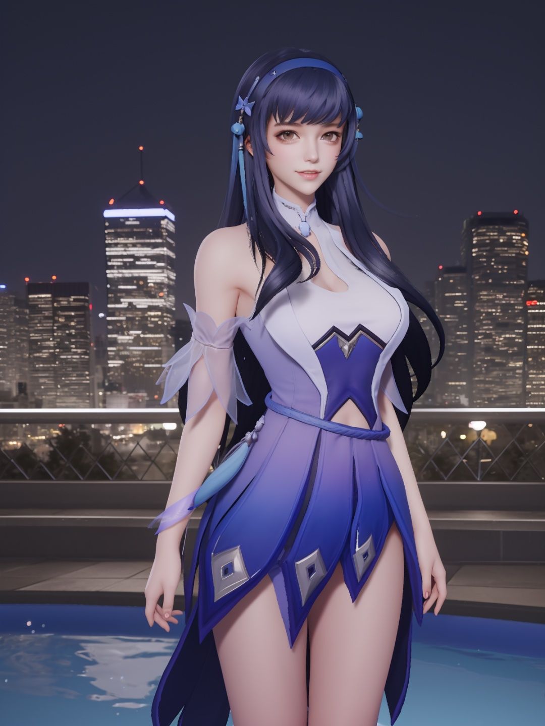 <lora:WZRYxishiYP:0.75>,WZRYxishiYP, 1girl, solo, long hair,dress, bare shoulders, standing, bangs,hairband, headgear,elbow pads,sash, belt,clothing cutout, cityscape, night, looking at viewer, mature female,  light smile, pool,wet,gloves, 