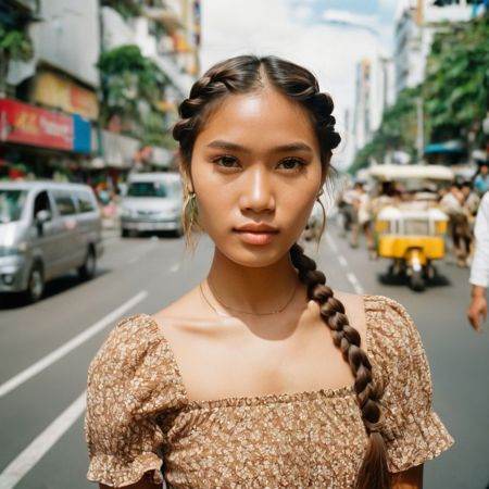 film photography style a handsome young Philippino woman wearing an earthy dress with braided hair looking at camera in a...