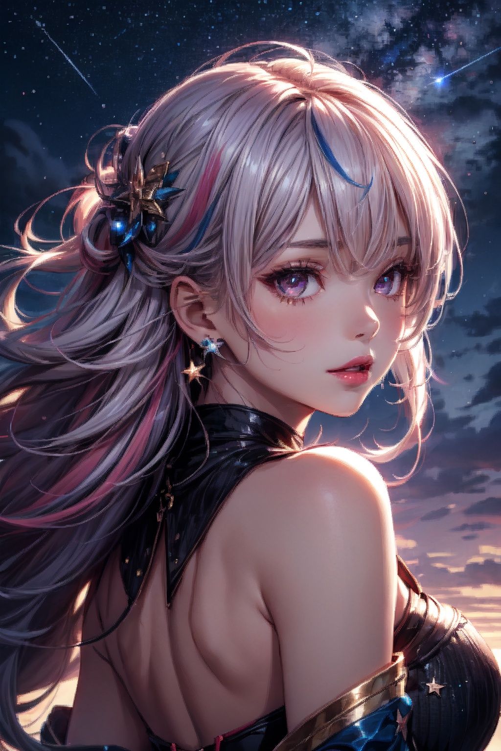  1 girl, beautiful face, pink lips, (seductive), backlight, starry sky, earrings, floating_hair, jewelry, multicolored_hair, streaked_hair,Sky Fantasy