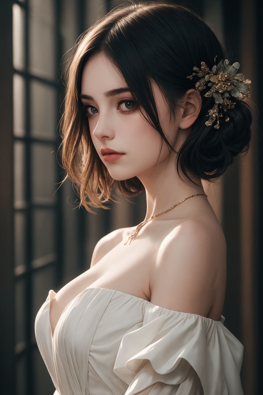  masterpiece, 8K, photographic of a girl, close up, ethereal beauty, elegant off-shoulder dress, mysterious ambiance, obscured silhouette, dimly lit, alluring look, chic bob hairstyle, FilmGirl, enchanted realm, cinematic lighting