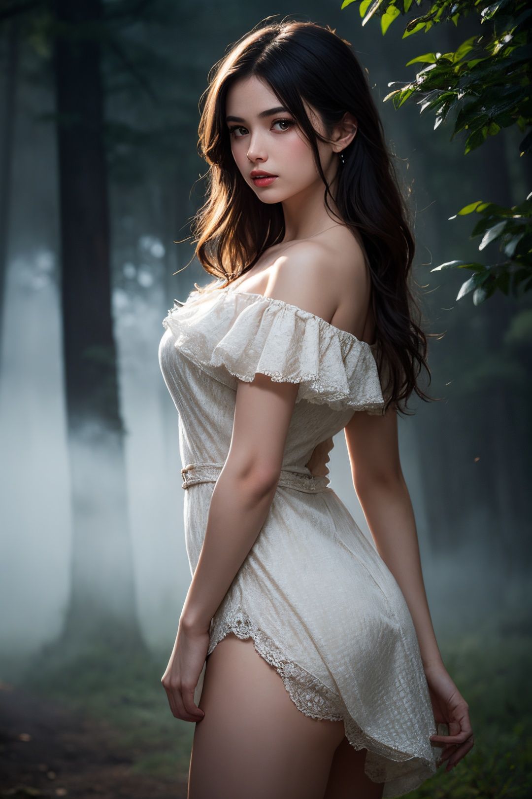  1 girl,thereal beauty, elegant off-shoulder dress, mysterious ambiance, obscured silhouette, dimly lit,Exquisite features,Beautiful and moving,Glamorous,Flowing hair,Smoke) (mist surrounds the attractive figure,A misty forest,Tyndall ray,A sexy figure,Long,floating hair,big hair,hair strand,En plein air,Verism,chiaroscuro,cinematic lighting,depth of field,sparkle,reflection light,first-person view,pov,three sided view,UHD,anatomically correct,ccurate,textured skin,super detail,high details,award winning,best quality,high quality,retina,HD,16k,bed,1girl, Sky Fantasy