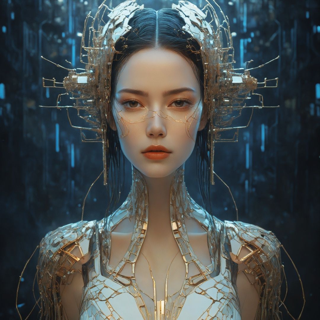  The artwork is a detailed, symmetrical portrait of a cyberpunk neuronet goddess made of delicate broken cracked corrode rust damaged porcelain and lit with backlighting. It was created by Victo Ngai and H. R. Giger and rendered using Octane. The piece is trending on CGsociety and Artstation and is highly detailed and vibrant. It is set in outer space and features a vanishing point and a super highway. It is a digital render and digital painting. 8 k, haze fog smoke, back lighting, sparks spark, fire, silhouette, in a apocalypse destroyed war zone city background, bokeh
