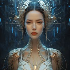  The artwork is a detailed, symmetrical portrait of a cyberpunk neuronet goddess made of delicate broken cracked corrode rust damaged porcelain and lit with backlighting. It was created by Victo Ngai and H. R. Giger and rendered using Octane. The piece is trending on CGsociety and Artstation and is highly detailed and vibrant. It is set in outer space and features a vanishing point and a super highway. It is a digital render and digital painting. 8 k, haze fog smoke, back lighting, sparks spark, fire, silhouette, in a apocalypse destroyed war zone city background, bokeh