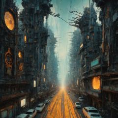  The artwork is a detailed, symmetrical portrait of a cyberpunk neuronet goddess made of delicate broken cracked corrode rust damaged porcelain and lit with backlighting. It was created by Victo Ngai and H. R. Giger and rendered using Octane. The piece is trending on CGsociety and Artstation and is highly detailed and vibrant. It is set in outer space and features a vanishing point and a super highway. It is a digital render and digital painting. 8 k, haze fog smoke, back lighting, sparks spark, fire, silhouette, in a apocalypse destroyed war zone city background, bokeh