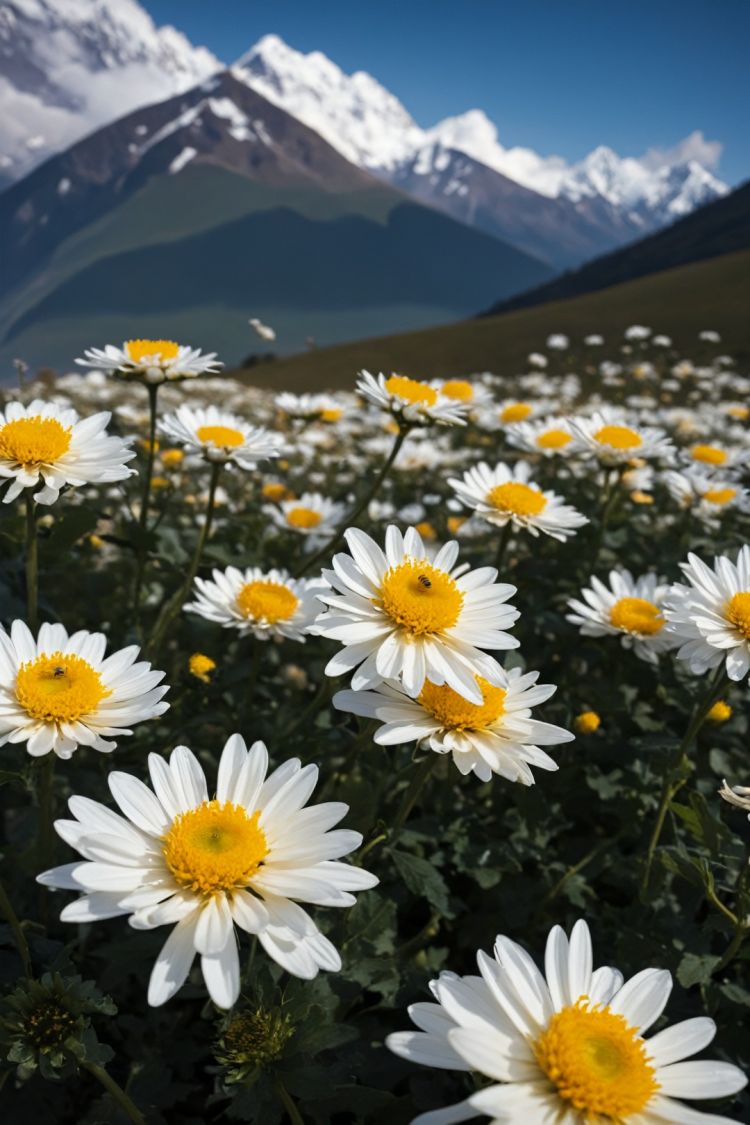  photographic of a (bee) on the one wild chrysanthemums, snow-mountains in the distance, clouds, volumetric, shadows, cinematic atmosphere, colse up, BREAK,(shot from blow:0.8), 35mm photograph, (((grainy))), professional, 8k, highly detailed, shot by Hasselbald with 50mm lens f/1.9, lens_flare