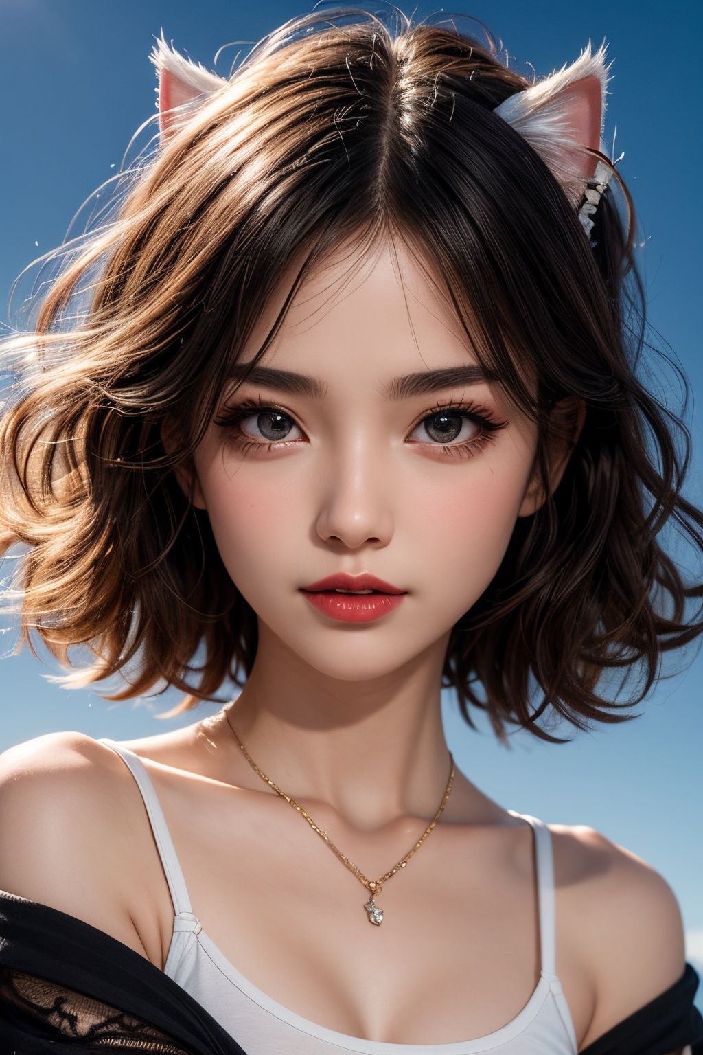  High detail, 8k resolution, ultra-high resolution, best picture quality, domineering president, lipstick, love pupil, peerless beauty, loose curly tea brown hair, curly hair, smooth hair, collarbone, delicate necklace, rich and beautiful makeup, delicate and perfect facial features, gem-like big eyes, (eye details, long eyelashes, big and round eyes) blush, smile, long hair and waist curly hair, BREAK, the upper body is light green with a shoulder embroidered jacket, dancing in shorts, white stockings on legs, thin legs, full body photos, beautiful details of the sky,BREAK, beautiful scenery, close to the viewer, dynamic angle, extreme picture quality, highest precision, accurate and perfect human body structure, real and super realistic, Sky Fantasy,(Norsk skogkatt\(cat\):1.3)